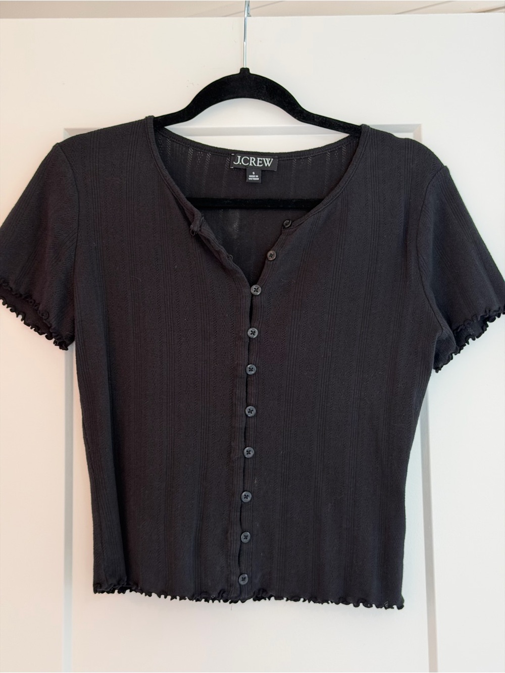 J. Crew Black Ribbed Short-Sleeve Button Front Top